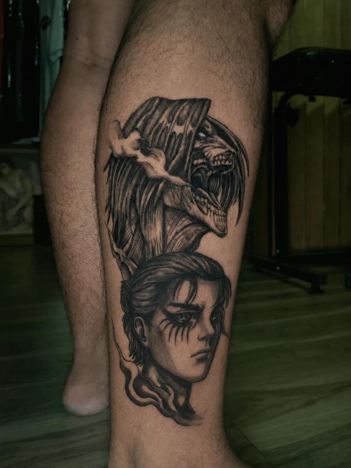 anime titan transformation calf tattoo by isaiah recongco — gorillaz tattoo art studio philippines
