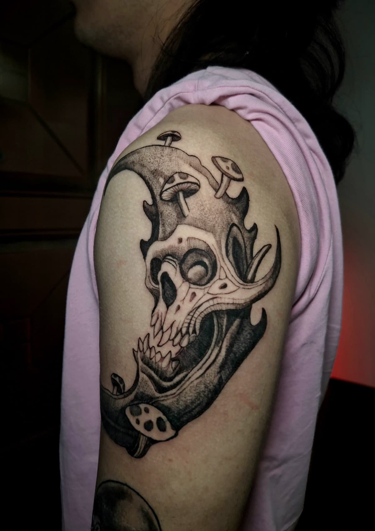 blackwork skull and mushrooms shoulder tattoo by isaiah recongco — gorillaz tattoo art studio philippines