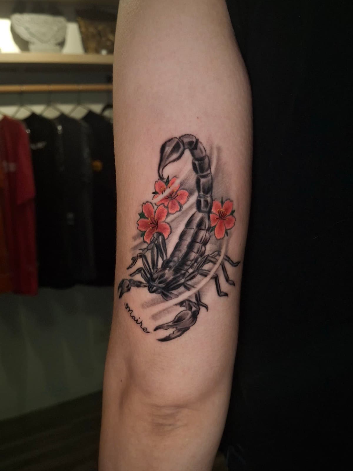 blackwork scorpion and flowers forearm tattoo by isaiah recongco — gorillaz tattoo art studio philippines
