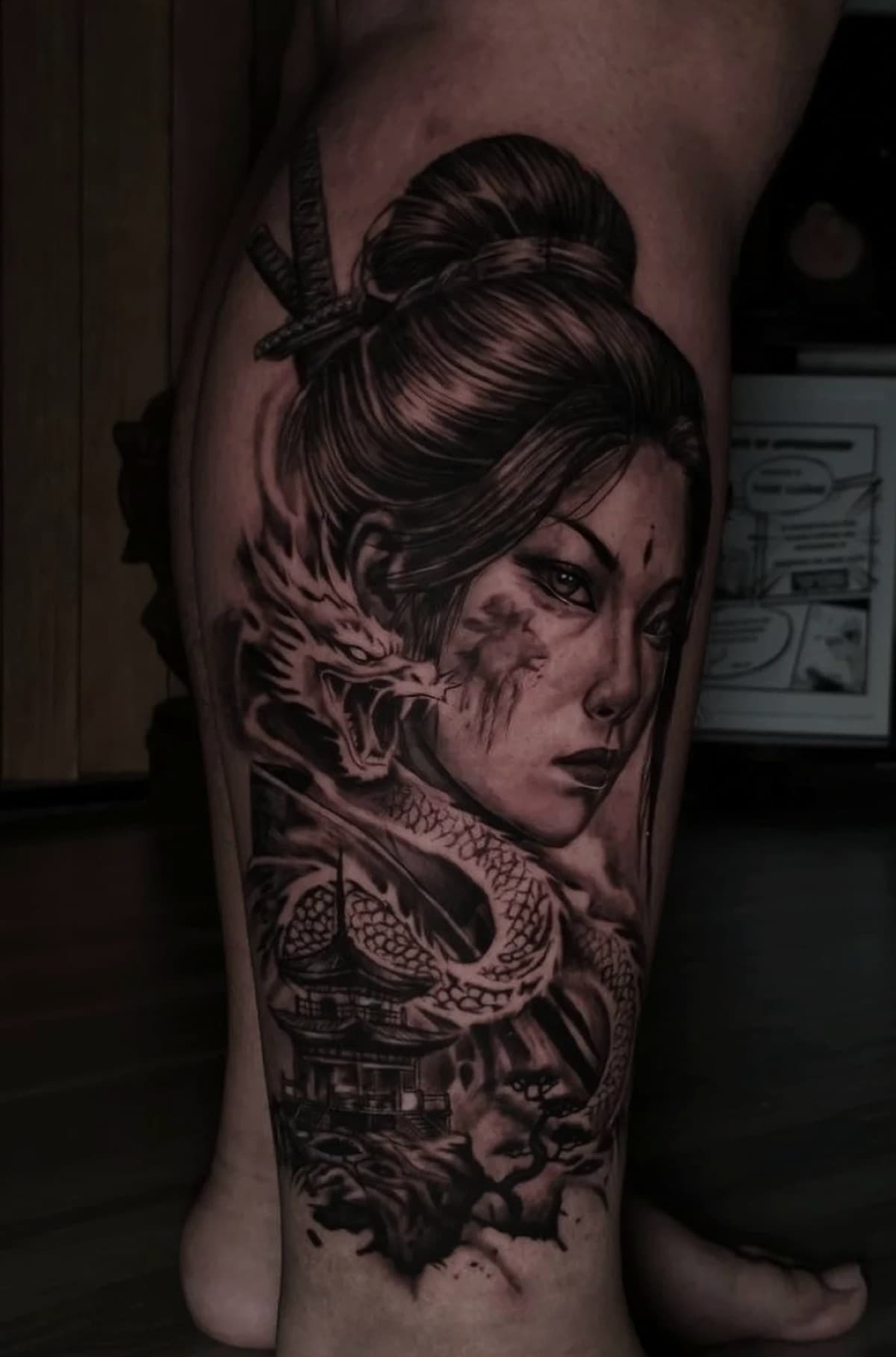 japanese geisha and dragon leg tattoo by isaiah recongco — gorillaz tattoo art studio philippines