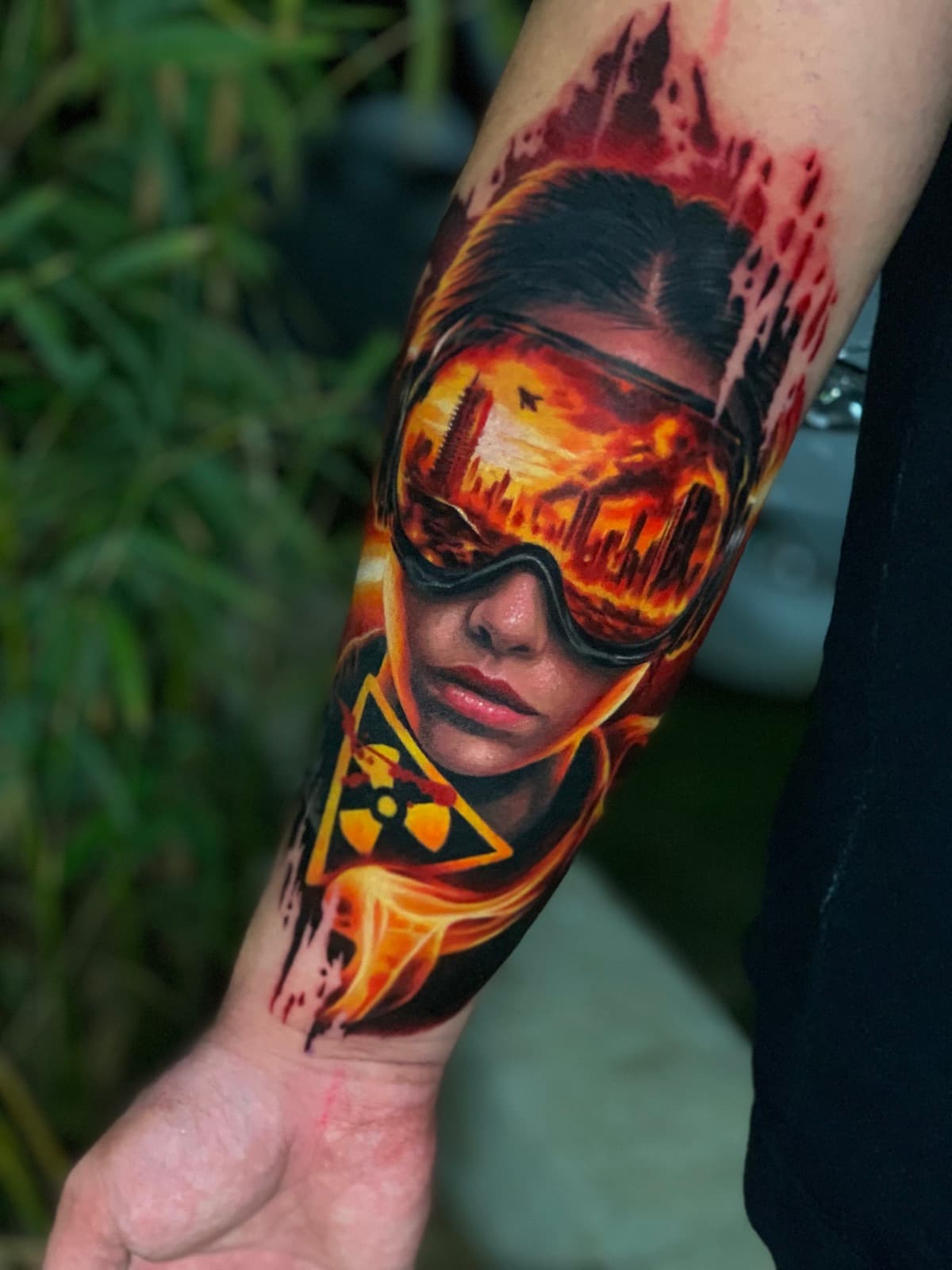 realism tattoo — gorillaz tattoo art studio realism portrait tattoo with burning cityscape reflection — custom ink design, gorillaz tattoo art studio philippines
