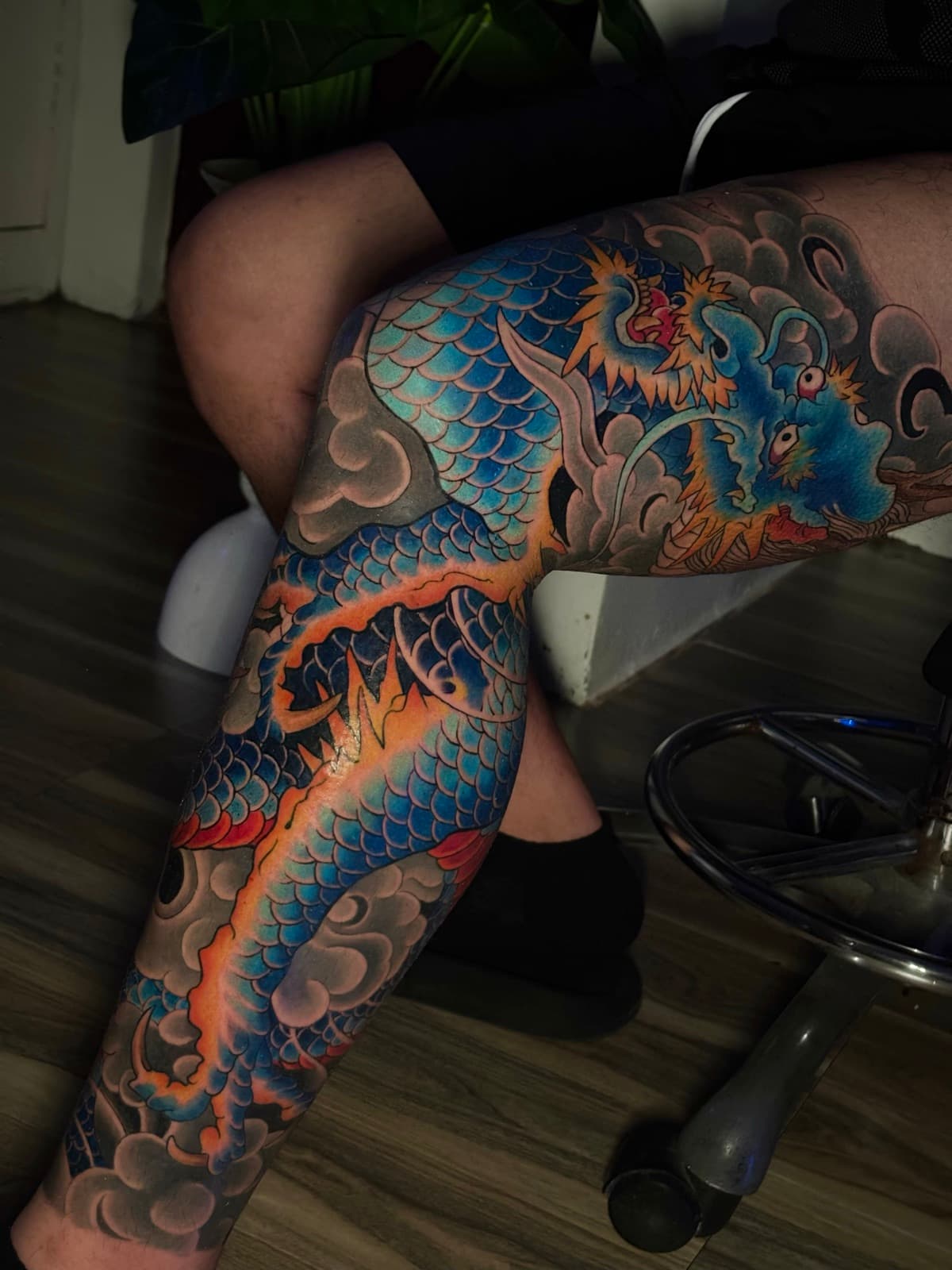 japanese tattoo — gorillaz tattoo art studio traditional japanese blue dragon leg sleeve tattoo — tattoo portfolio, gorillaz tattoo art studio